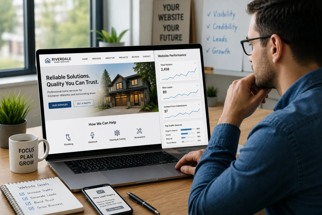 Local business owner reviewing company website performance